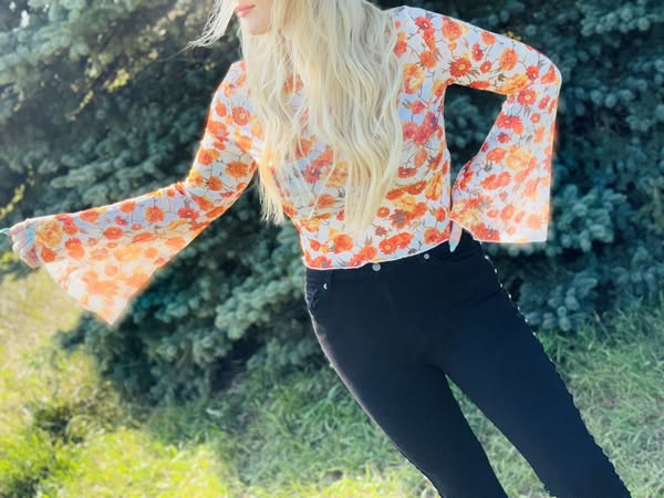 Floral Mock Neck Flare Sleeve