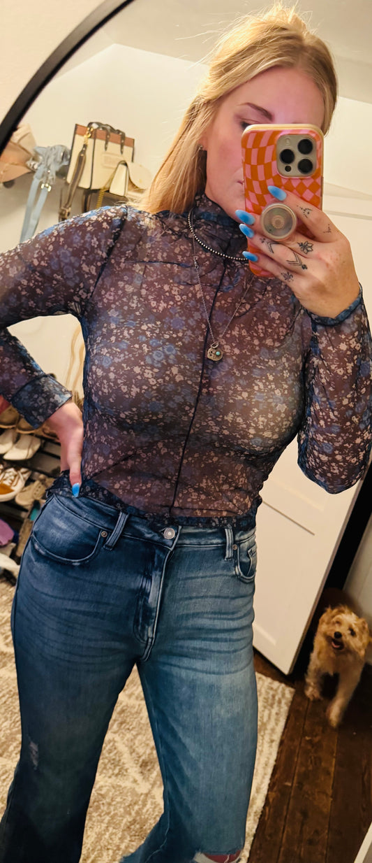 Floral Lettuce Hem Sheer - Blue