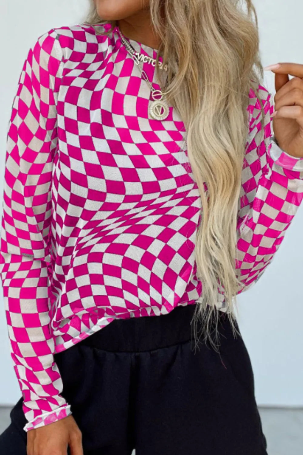 Belvet Cropped checkered shirt pink Mesh Top - Checkered