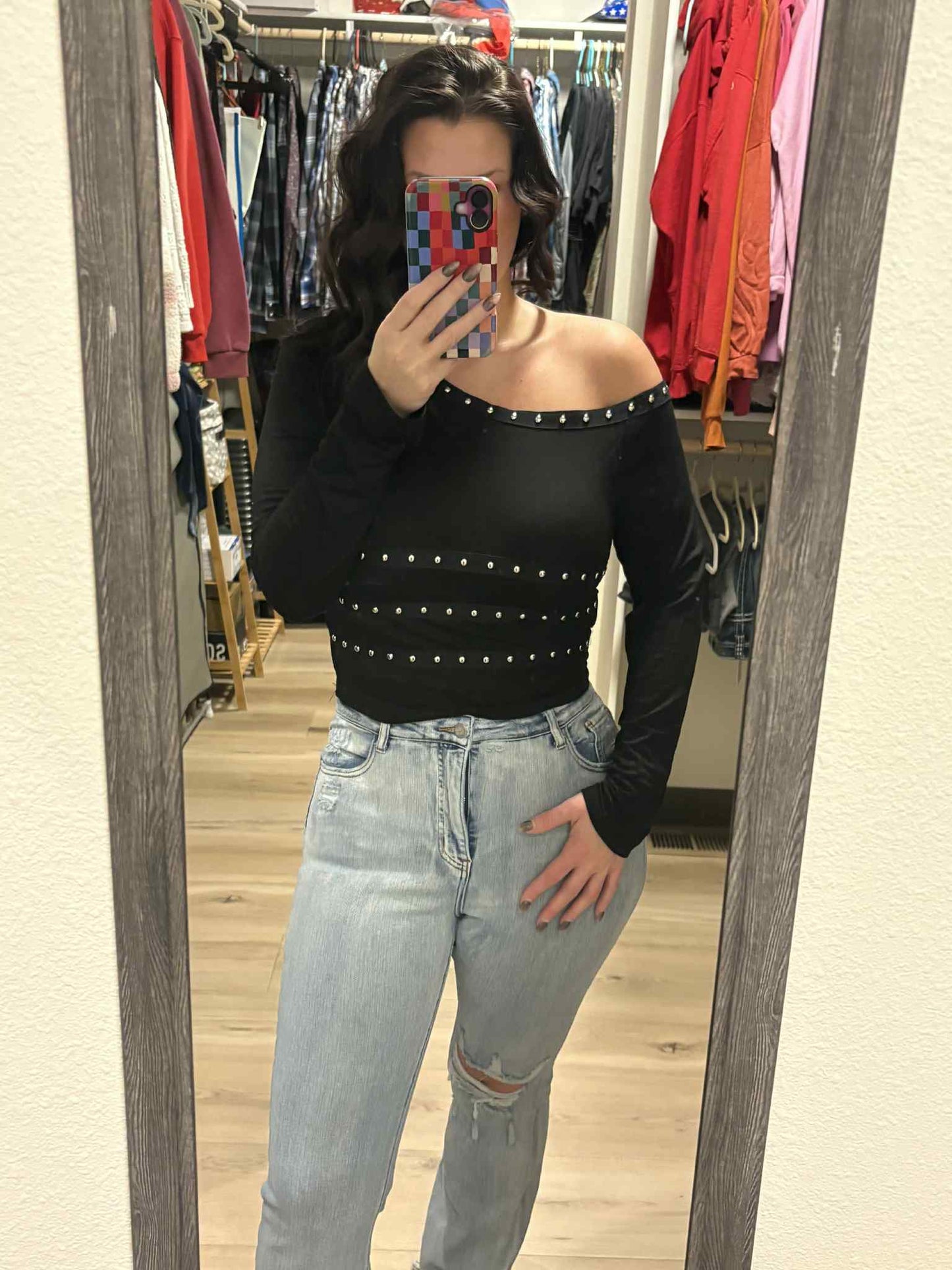 Studded One Shoulder Long Sleeve