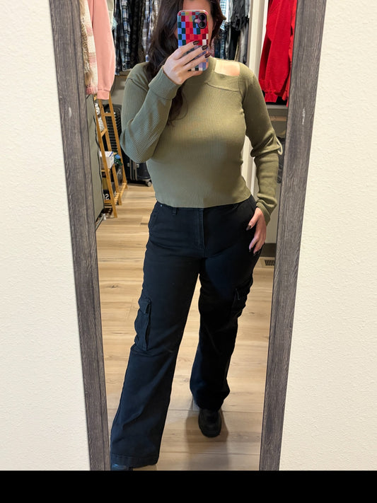 SO ME Rib Knit Top with Shoulder Cut Out