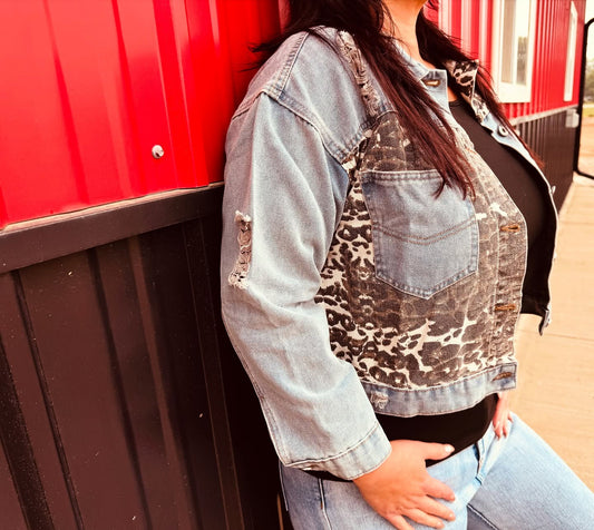 Distressed Leopard Drop Shoulder Denim Jacket
