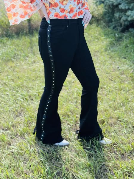 Black Flare Jeans with Studded Side Trim
