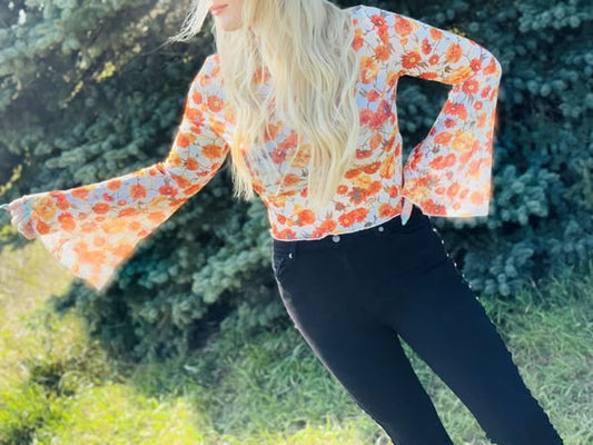 Floral Mock Neck Flare Sleeve
