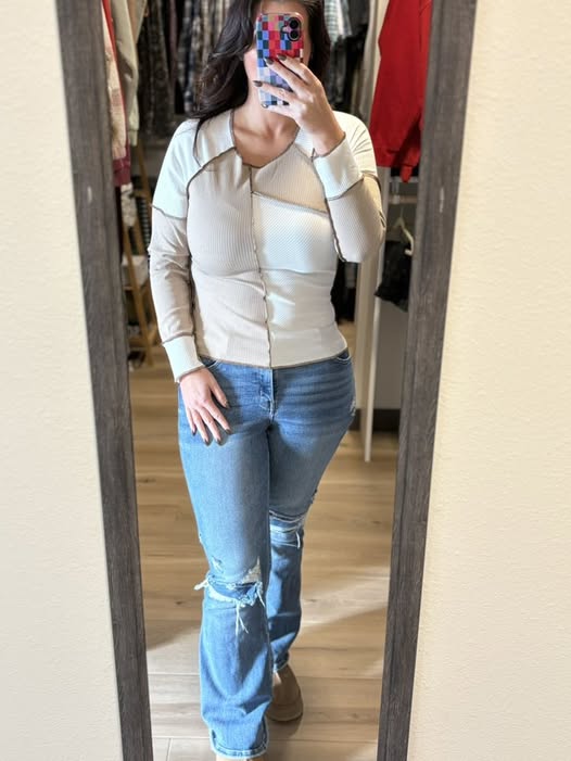 Double Take Color Block Exposed Seam Top