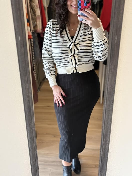 Double Take Full Size Striped Bow Decor Cropped Cardigan