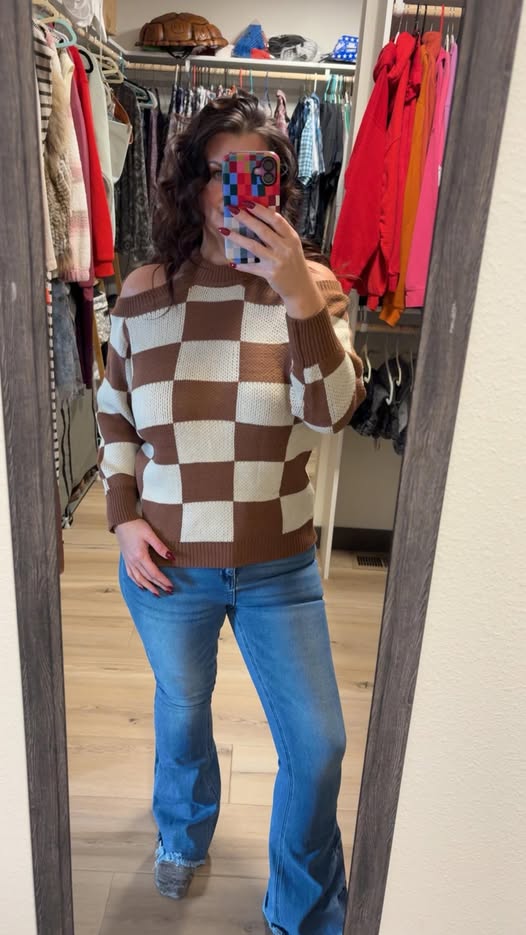 Cold Shoulder Checkered Long Sleeve Sweater