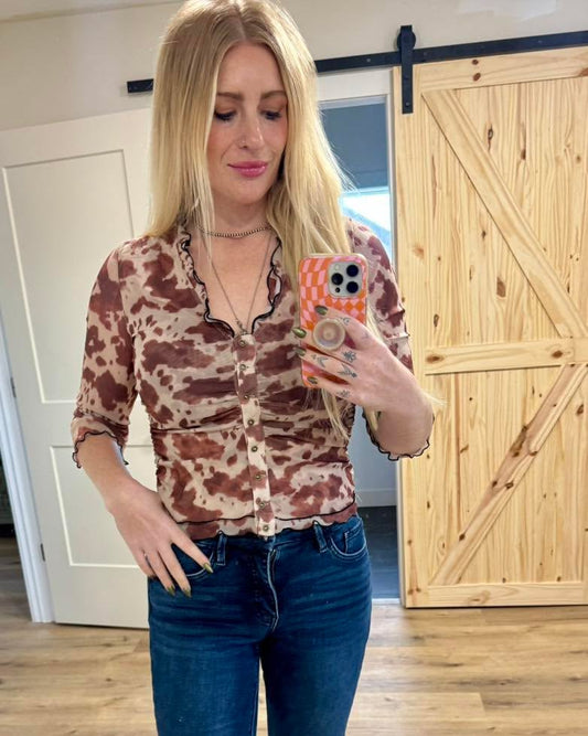 Cow Print Button Down Plunge Top
