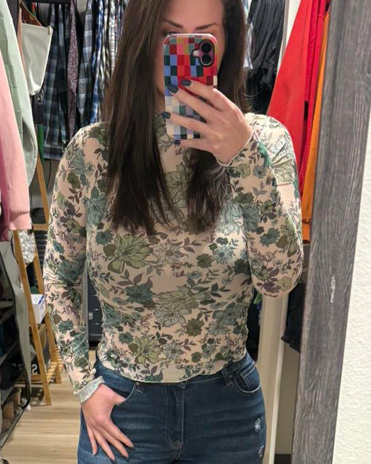 SO ME Floral Print Mesh Knit Long Sleeves Top